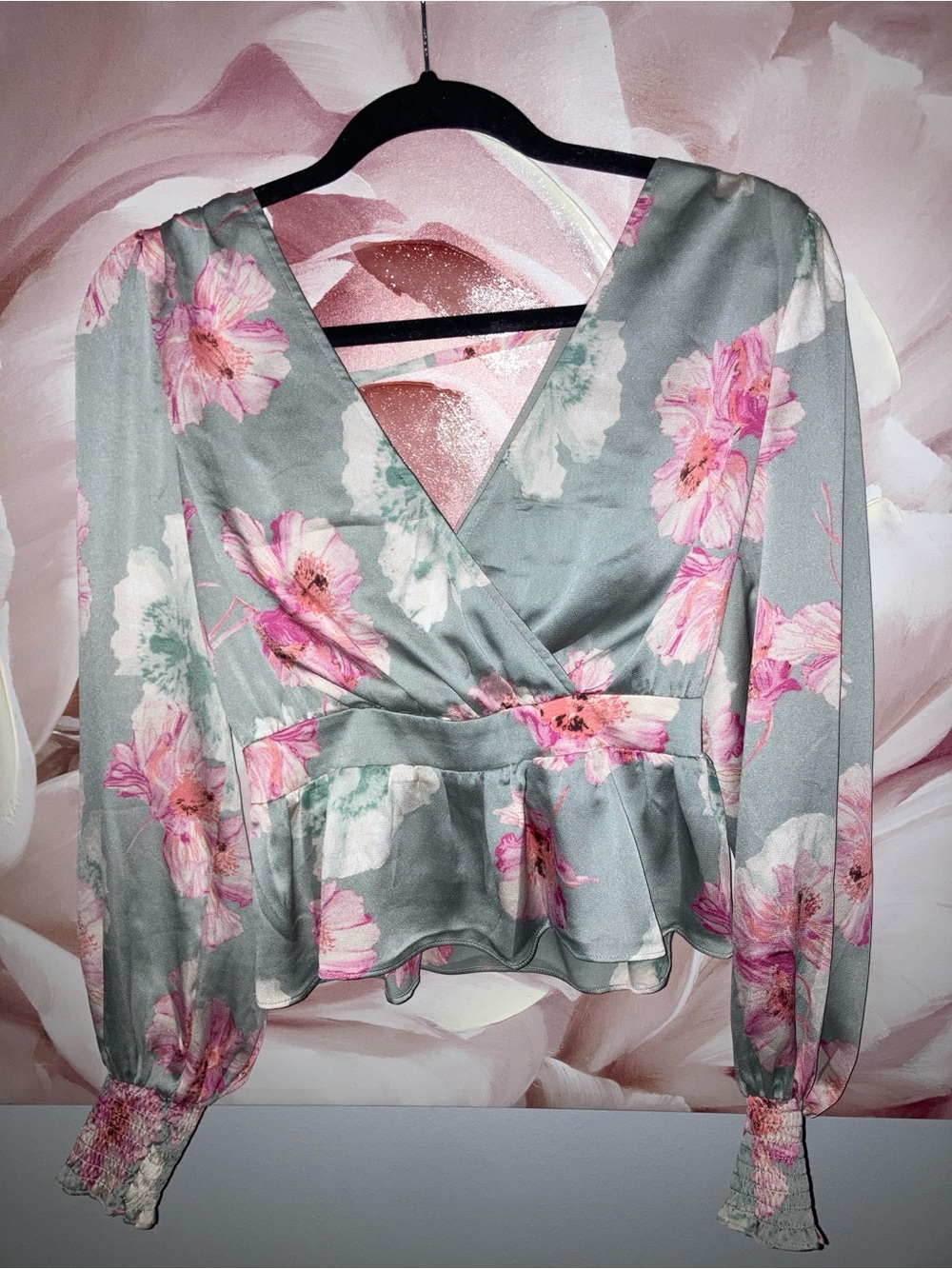 Express Floral Wrap Peplum Top in Sage and Pink
